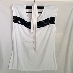 Black and White Cotton Cap Sleeve Blouse with Tie